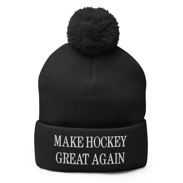 Make Hockey Great Again Embroidered Knit Pom Pom Beanie - Black