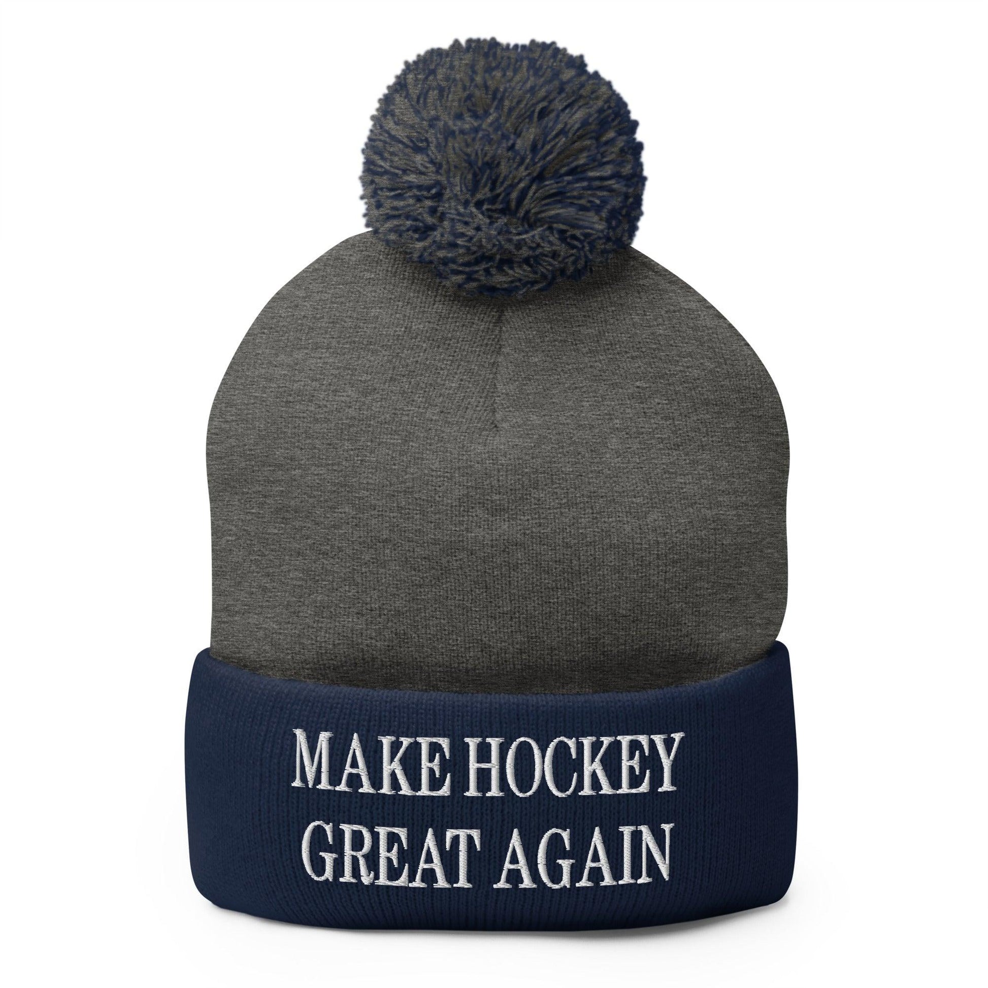 Make Hockey Great Again Embroidered Knit Pom Beanie - Dark Heather Grey/ Navy