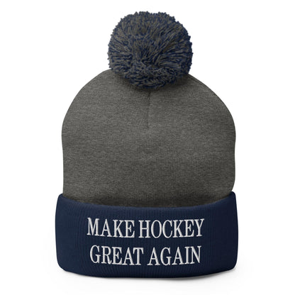 Make Hockey Great Again Embroidered Knit Pom Beanie - Dark Heather Grey/ Navy