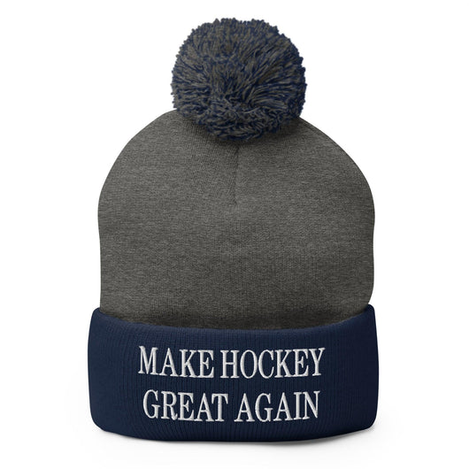 Make Hockey Great Again Embroidered Knit Pom Pom Beanie - Dark Heather Grey/ Navy