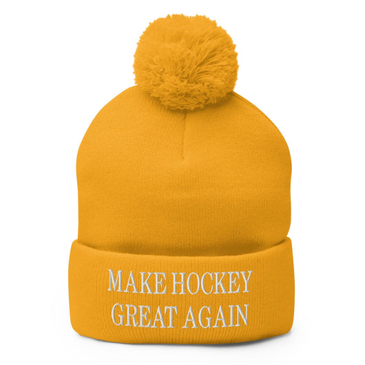 Make Hockey Great Again Embroidered Knit Pom Pom Beanie - Gold