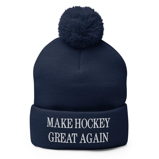 Make Hockey Great Again Embroidered Knit Pom Pom Beanie - Navy