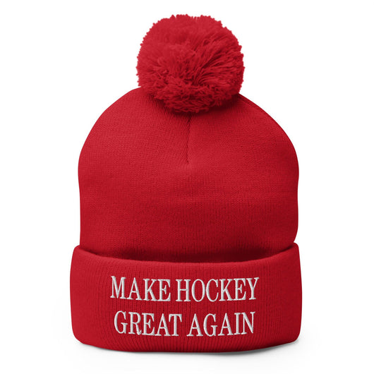 Make Hockey Great Again Embroidered Knit Pom Pom Beanie - Red