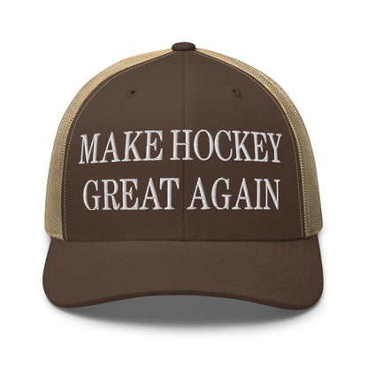 Make Hockey Great AgainEmbroidered Mesh Trucker Hat - Brown/ Khaki