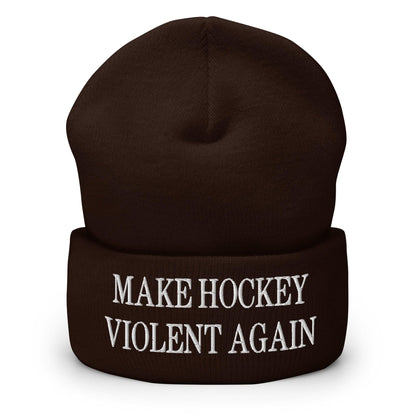 Make Hockey Violent Again Embroidered Knit Cuffed Beanie - Brown