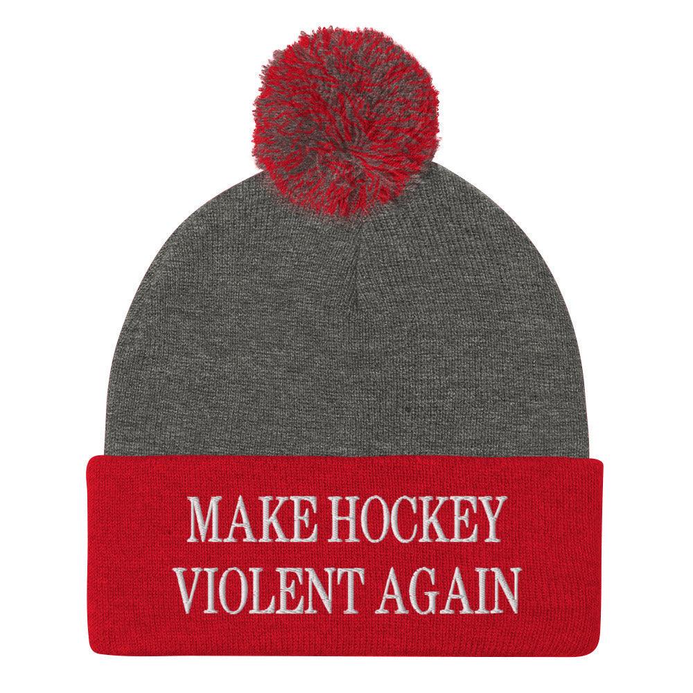 Make Hockey Violent Again Embroidered Knit Pom Beanie - Dark Heather Grey/ Red