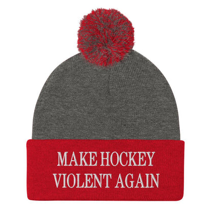 Make Hockey Violent Again Embroidered Knit Pom Beanie - Dark Heather Grey/ Red