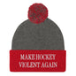 Make Hockey Violent Again Embroidered Knit Pom Beanie - Dark Heather Grey/ Red