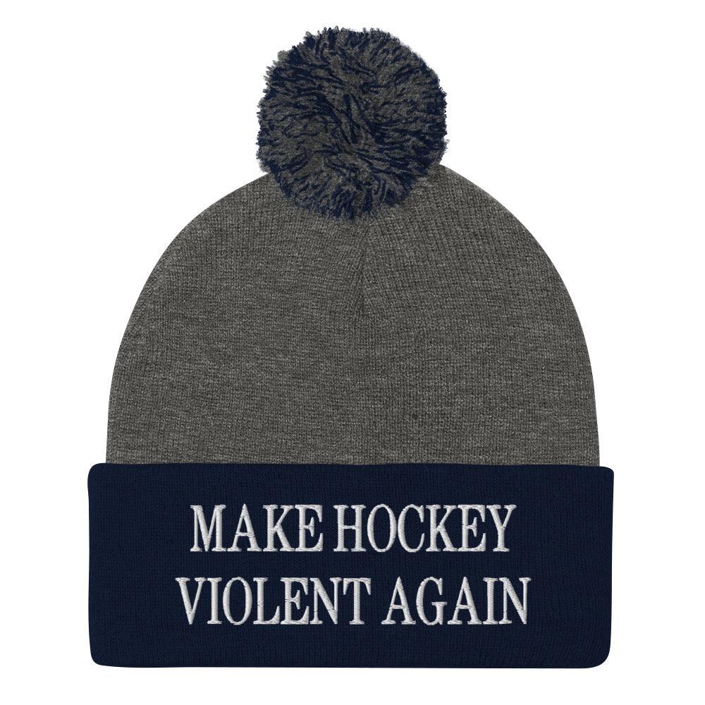 Make Hockey Violent Again Embroidered Knit Pom Beanie - Dark Heather Grey/ Navy