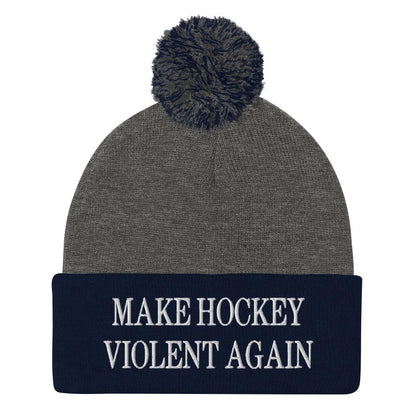 Make Hockey Violent Again Embroidered Knit Pom Beanie - Dark Heather Grey/ Navy