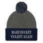Make Hockey Violent Again Embroidered Knit Pom Beanie - Dark Heather Grey/ Navy