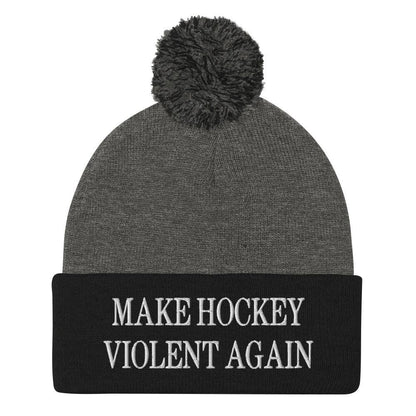 Make Hockey Violent Again Embroidered Knit Pom Beanie - Dark Heather Grey/ Black