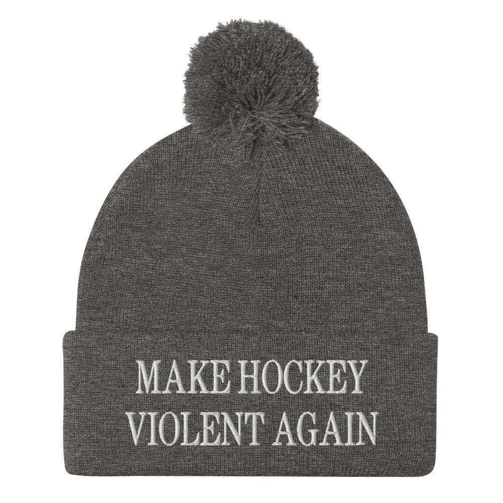 Make Hockey Violent Again Embroidered Knit Pom Beanie - Dark Heather Grey