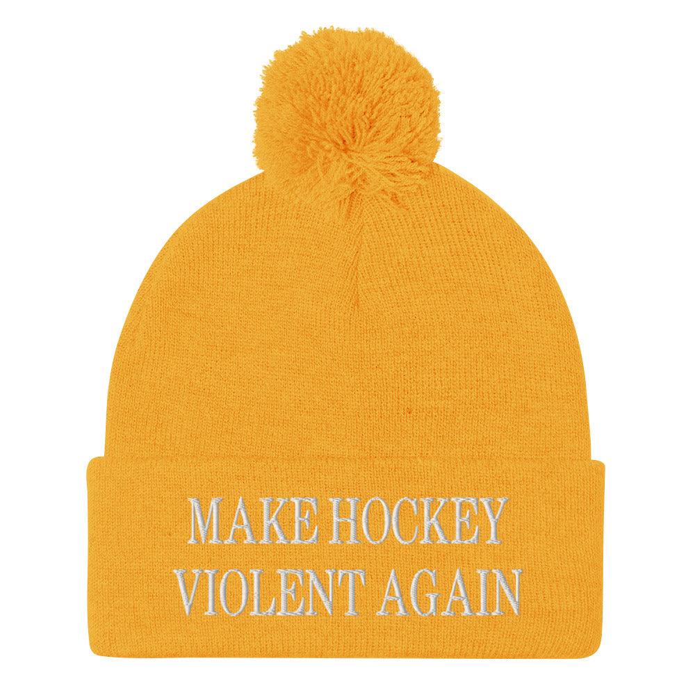 Make Hockey Violent Again Embroidered Knit Pom Beanie - Gold