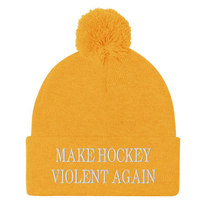 Make Hockey Violent Again Embroidered Knit Pom Beanie - Gold