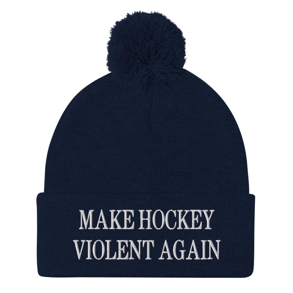 Make Hockey Violent Again Embroidered Knit Pom Beanie - Navy