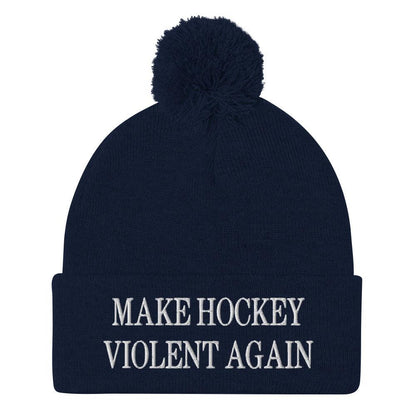 Make Hockey Violent Again Embroidered Knit Pom Beanie - Navy