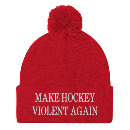 Make Hockey Violent Again Embroidered Knit Pom Beanie - Red