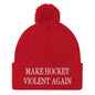 Make Hockey Violent Again Embroidered Knit Pom Beanie - Red