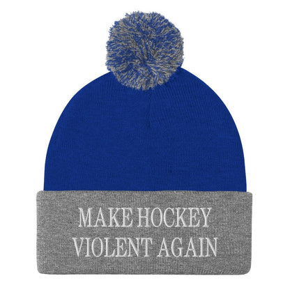 Make Hockey Violent Again Embroidered Knit Pom Beanie - Royal/ Heather Grey