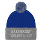 Make Hockey Violent Again Embroidered Knit Pom Beanie - Royal/ Heather Grey