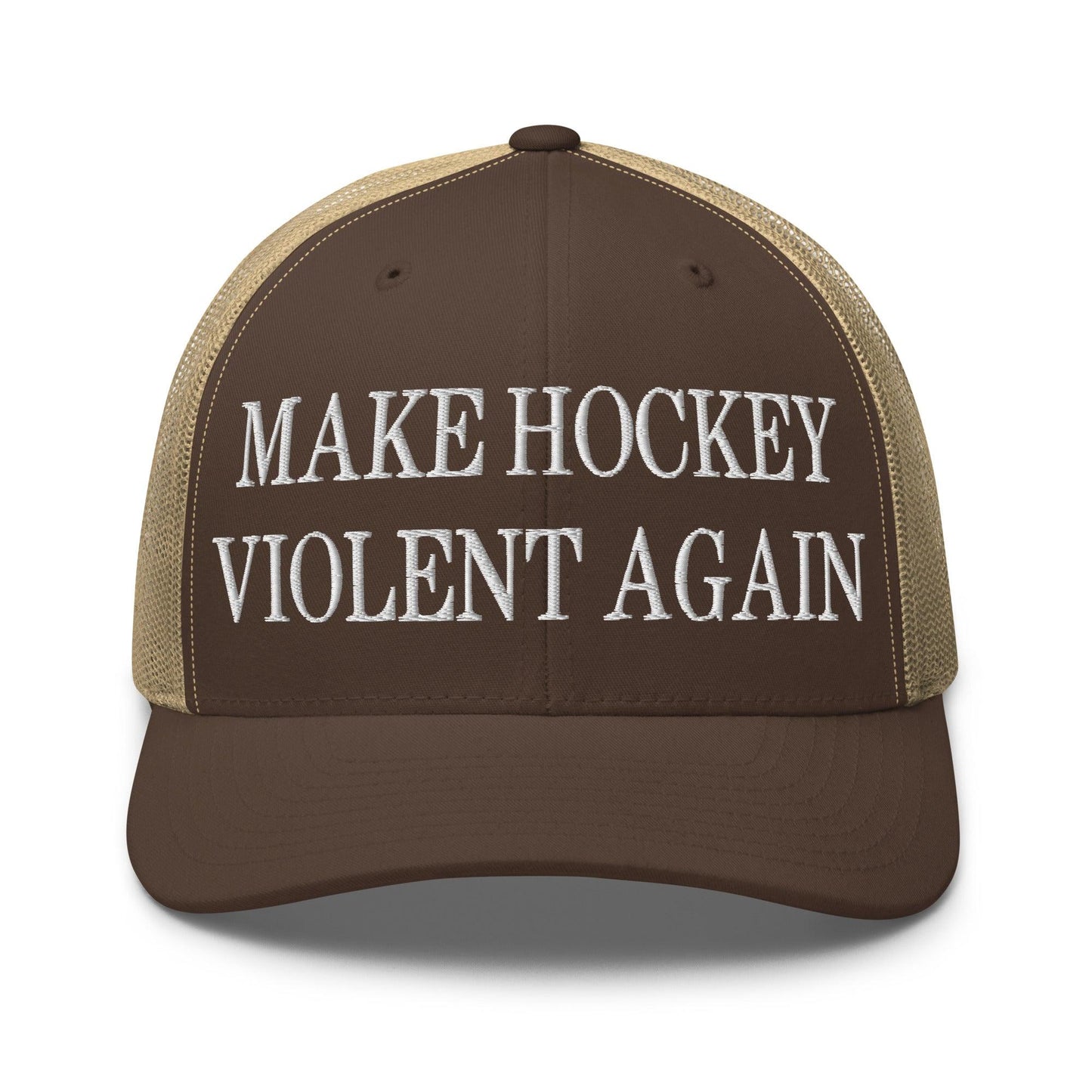 Make Hockey Violent Again Embroidered Mesh Trucker Hat - Brown/ Khaki