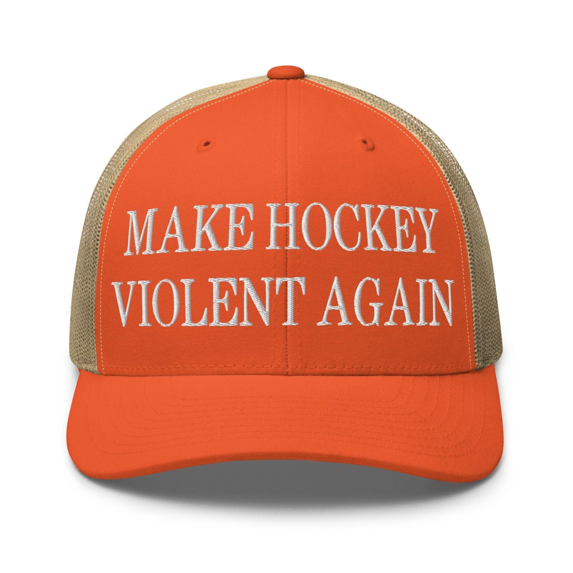 Make Hockey Violent Again Embroidered Mesh Trucker Hat - Rustic Orange/ Khaki