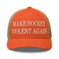 Make Hockey Violent Again Embroidered Mesh Trucker Hat - Rustic Orange/ Khaki
