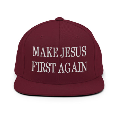 Make Jesus First Again Embroidered Flat Bill Brim Snapback Hat - Maroon