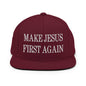 Make Jesus First Again Embroidered Flat Bill Brim Snapback Hat - Maroon