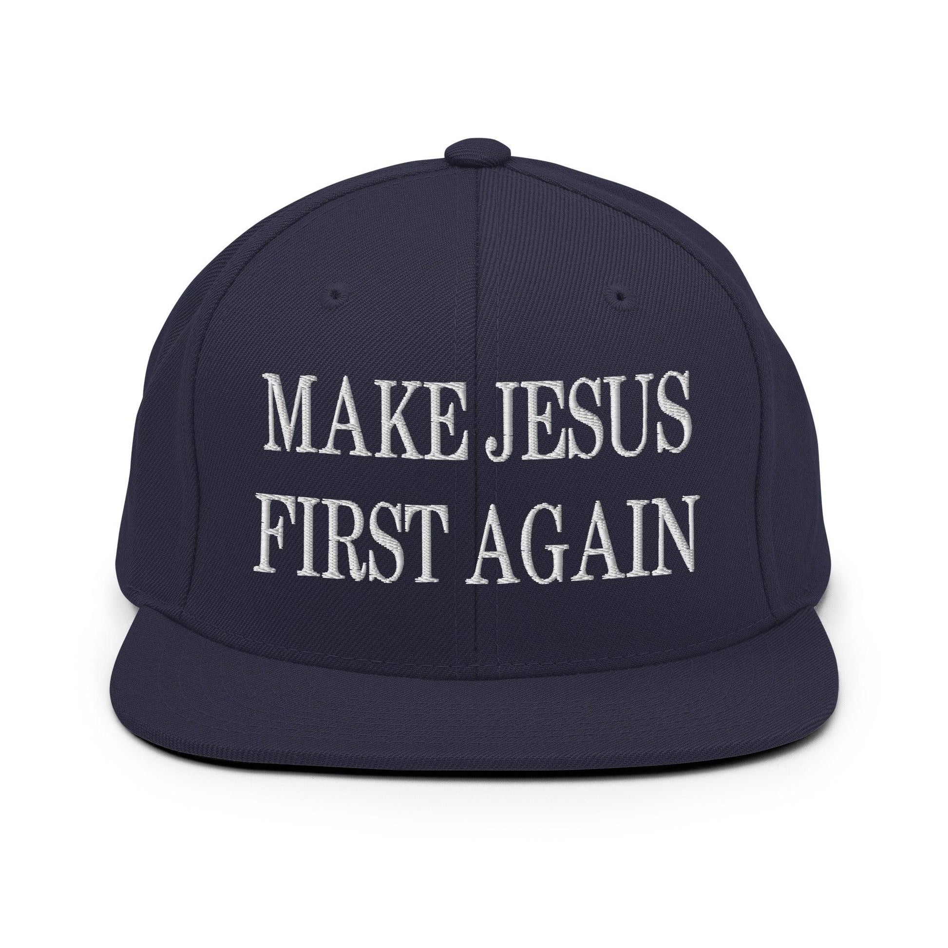 Make Jesus First Again Embroidered Flat Bill Brim Snapback Hat - Navy