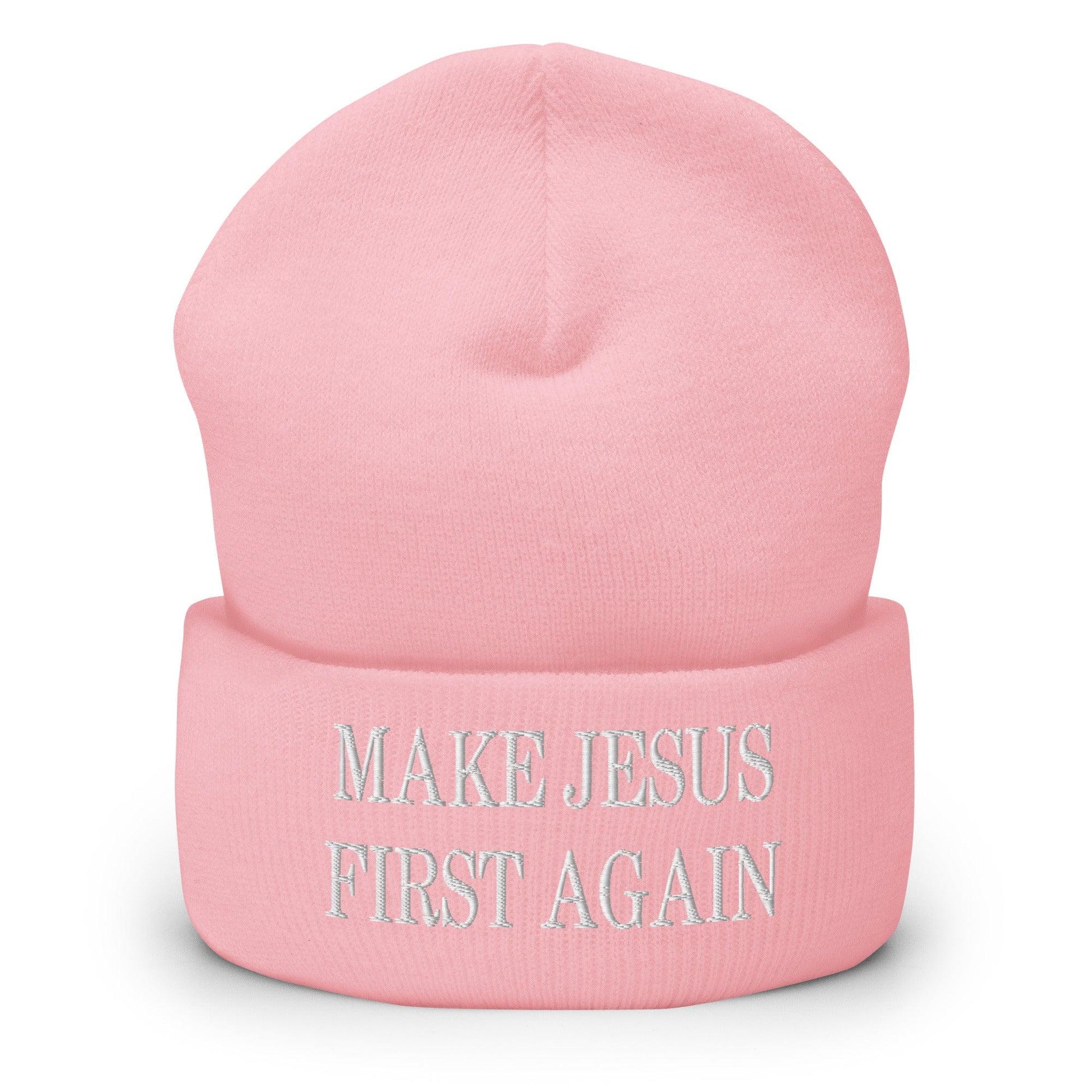 Make Jesus First Again Embroidered Knit Cuffed Beanie - Baby Pink