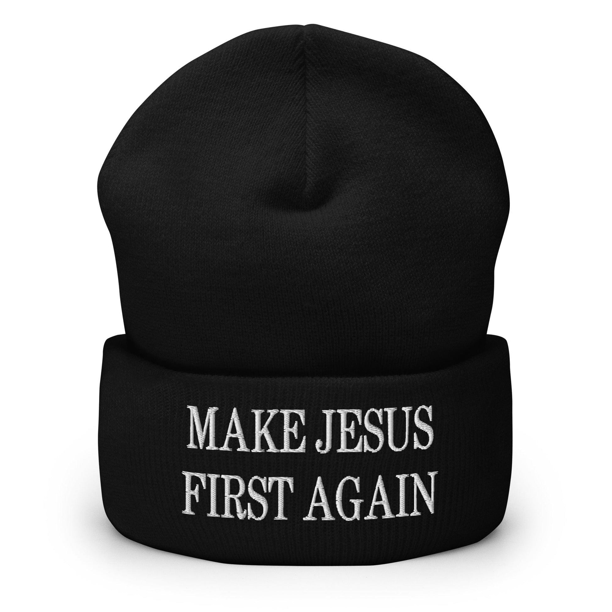 Make Jesus First Again Embroidered Knit Cuffed Beanie - Black