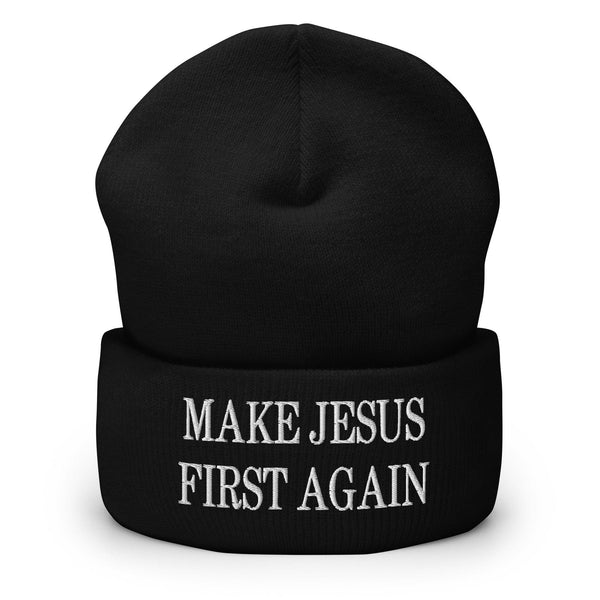 Make Jesus First Again Embroidered Knit Cuffed Beanie - Black