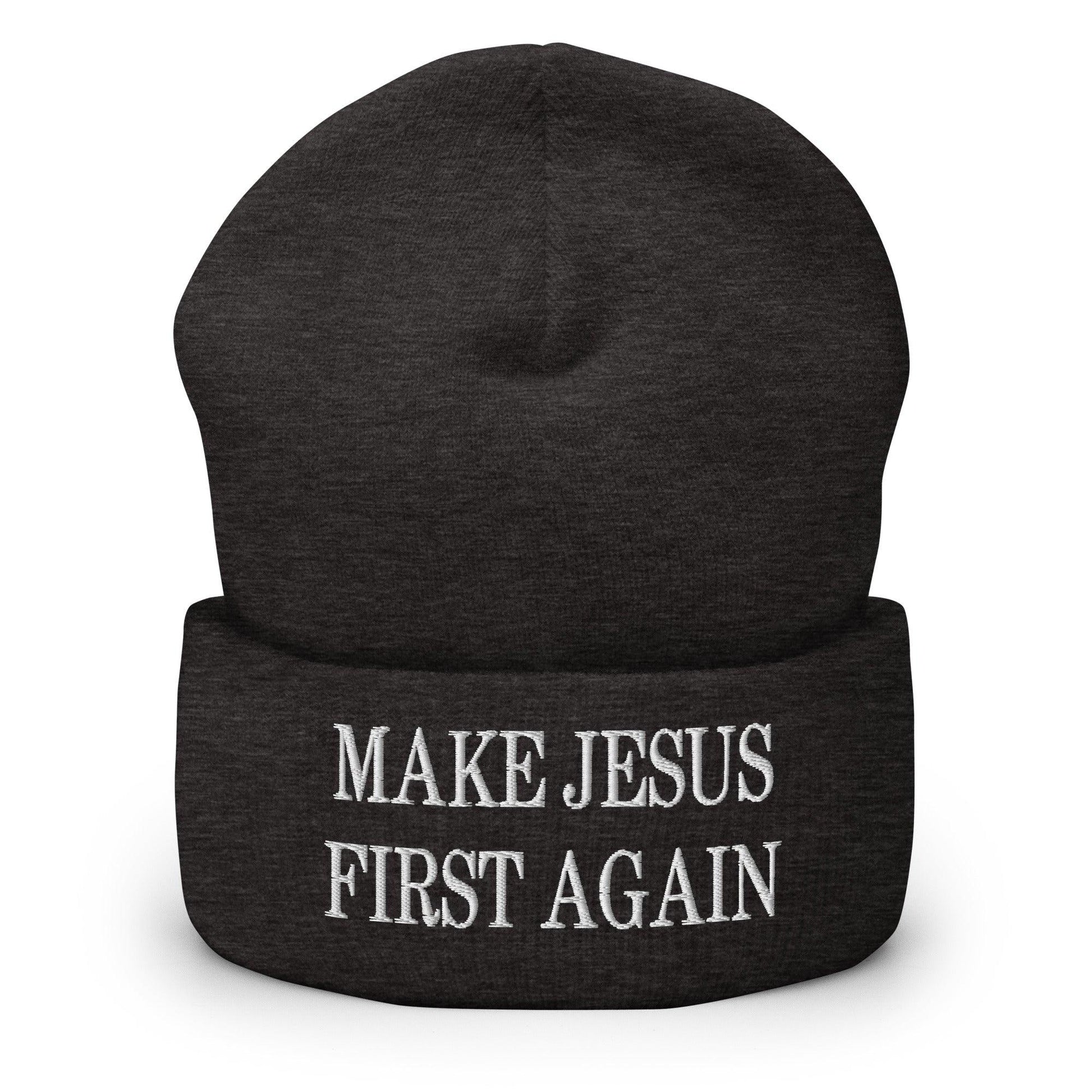 Make Jesus First Again Embroidered Knit Cuffed Beanie - Dark Grey