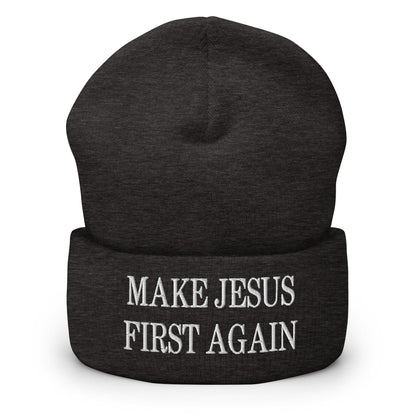 Make Jesus First Again Embroidered Knit Cuffed Beanie - Dark Grey
