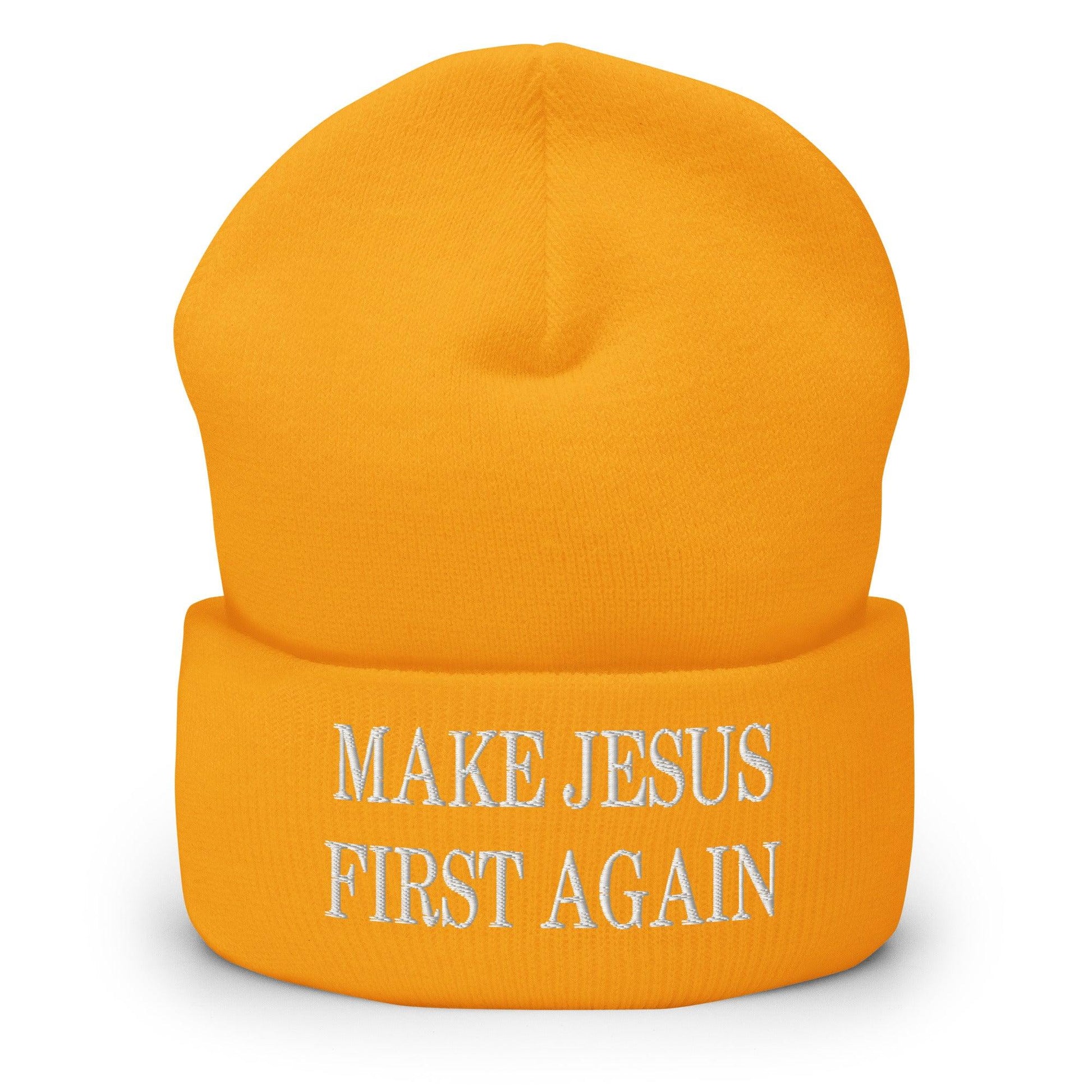 Make Jesus First Again Embroidered Knit Cuffed Beanie - Gold