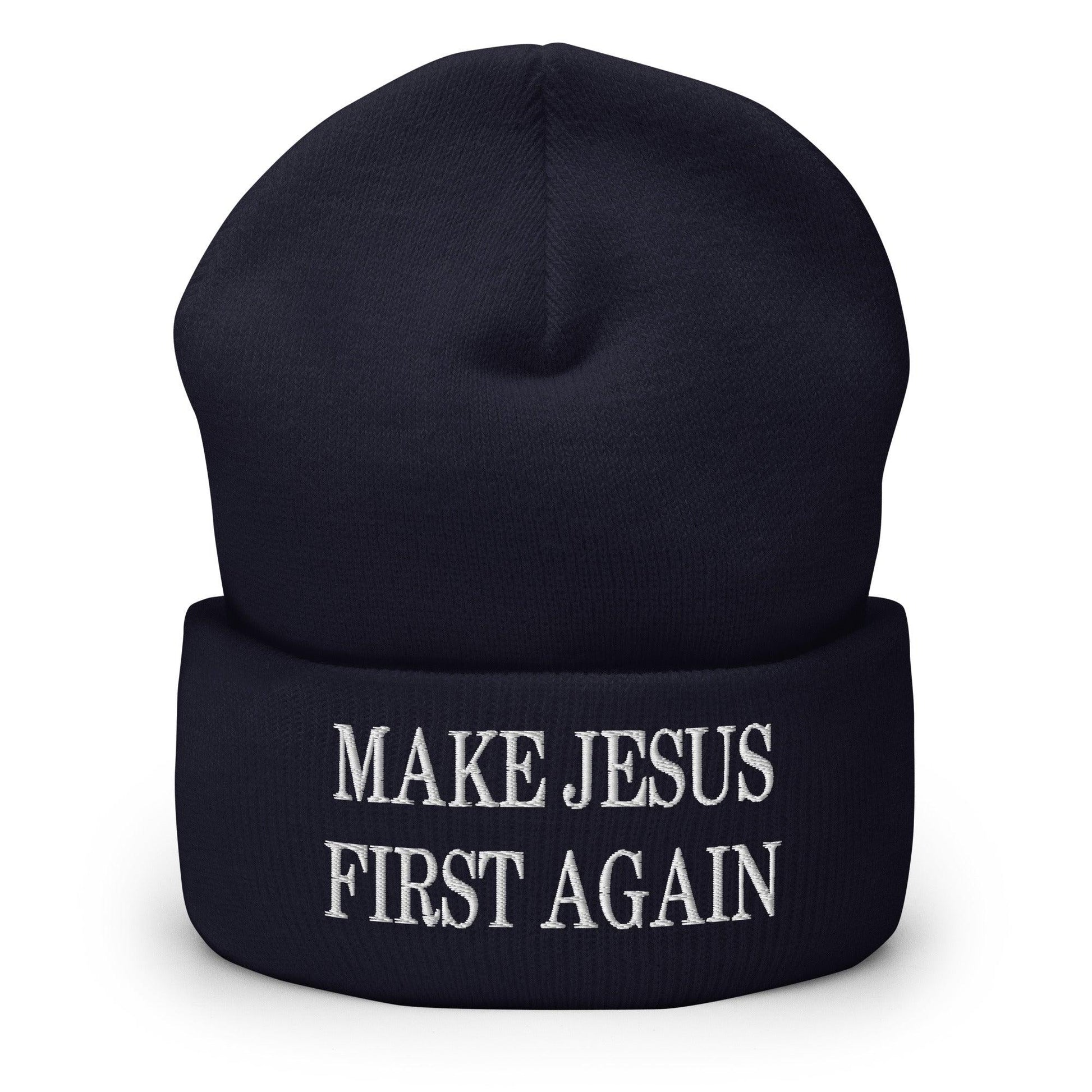 Make Jesus First Again Embroidered Knit Cuffed Beanie - Navy