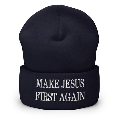 Make Jesus First Again Embroidered Knit Cuffed Beanie - Navy
