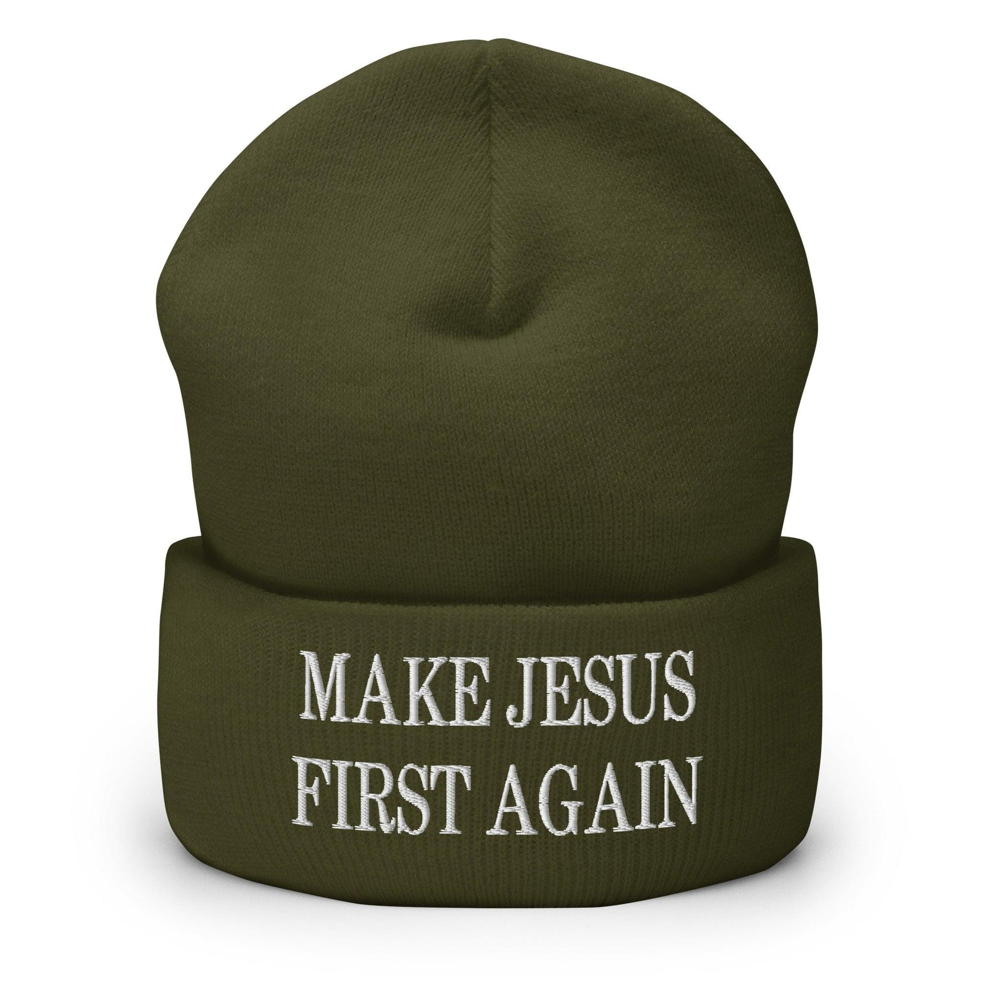 Make Jesus First Again Embroidered Knit Cuffed Beanie - Olive