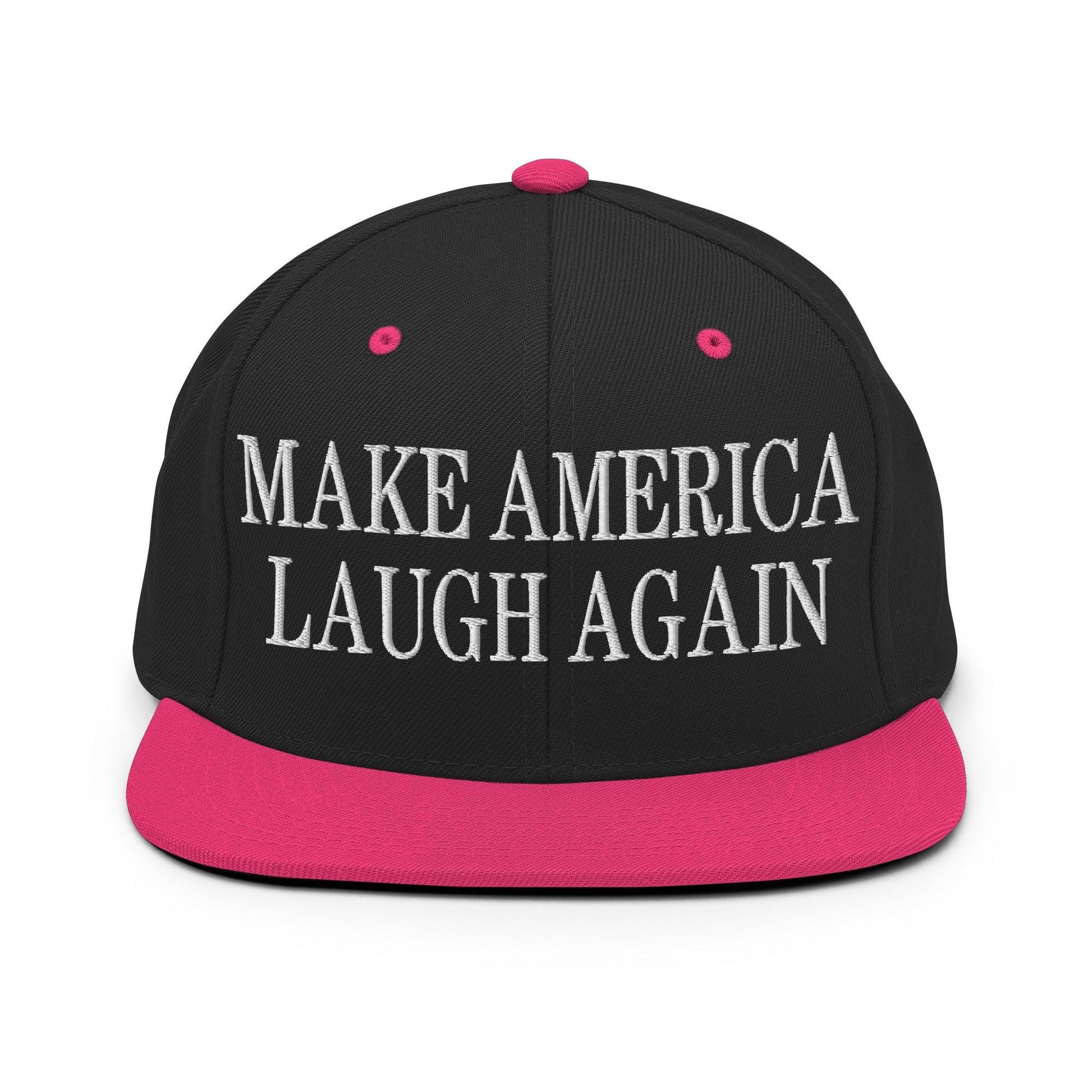 Make Us Laugh Again Flat Bill Brim Snapback Hat - Black/ Neon Pink