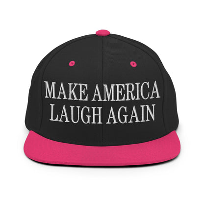 Make Us Laugh Again Flat Bill Brim Snapback Hat - Black/ Neon Pink