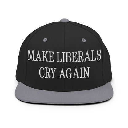 Make Liberals Cry Again Embroidered Flat Bill Brim Snapback Hat - Black/ Silver