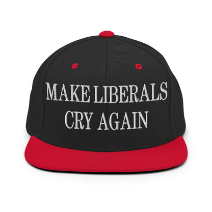 Make Liberals Cry Again Embroidered Flat Bill Brim Snapback Hat - Black/ Red