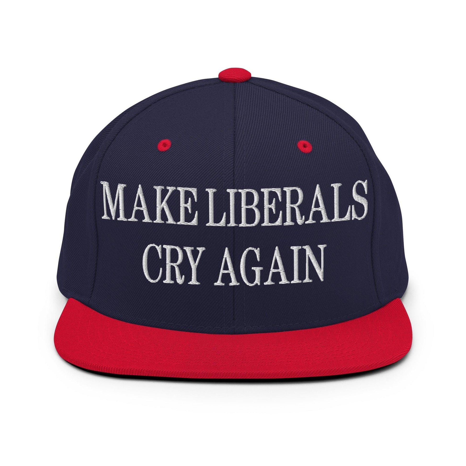 Make Liberals Cry Again Embroidered Flat Bill Brim Snapback Hat - Navy/ Red