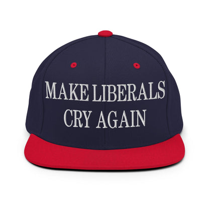 Make Liberals Cry Again Embroidered Flat Bill Brim Snapback Hat - Navy/ Red