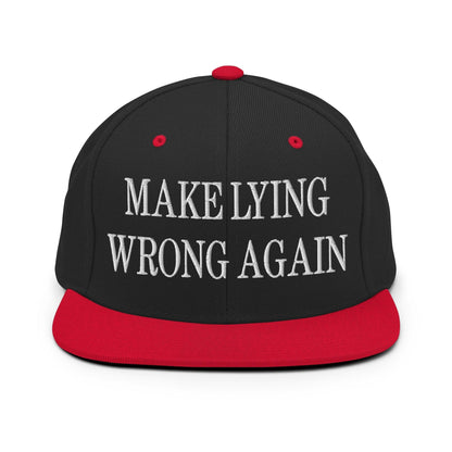 Make Lying Wrong Again Embroidered Flat Bill Brim Snapback Hat - Black/ Red