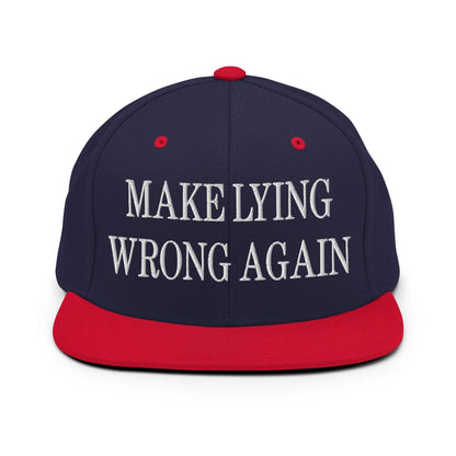 Make Lying Wrong Again Embroidered Flat Bill Brim Snapback Hat - Navy/ Red