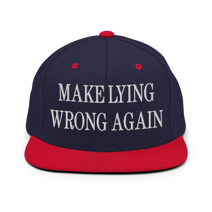 Make Lying Wrong Again Embroidered Flat Bill Brim Snapback Hat - Navy/ Red