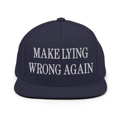 Make Lying Wrong Again Embroidered Flat Bill Brim Snapback Hat - Navy